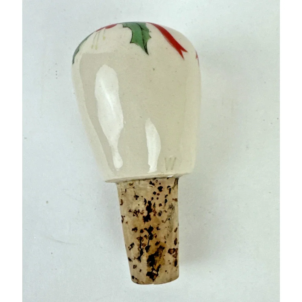 ceramic cork stopper Christmas pine cone holly ribbon design wine bottle